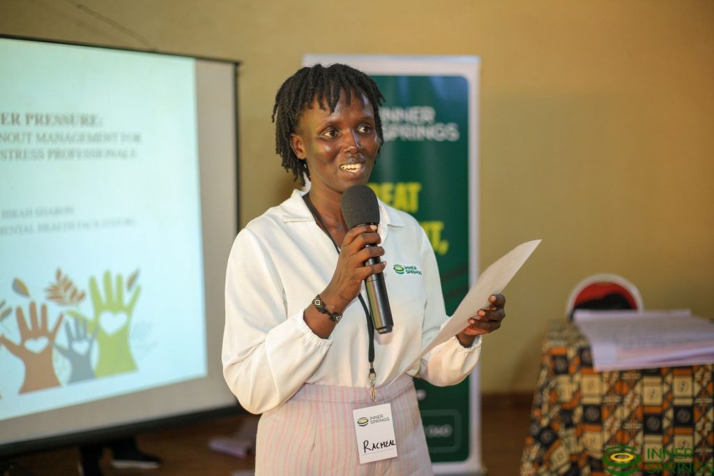 An InnerSprings facilitator speaking to participants during a burnout management session